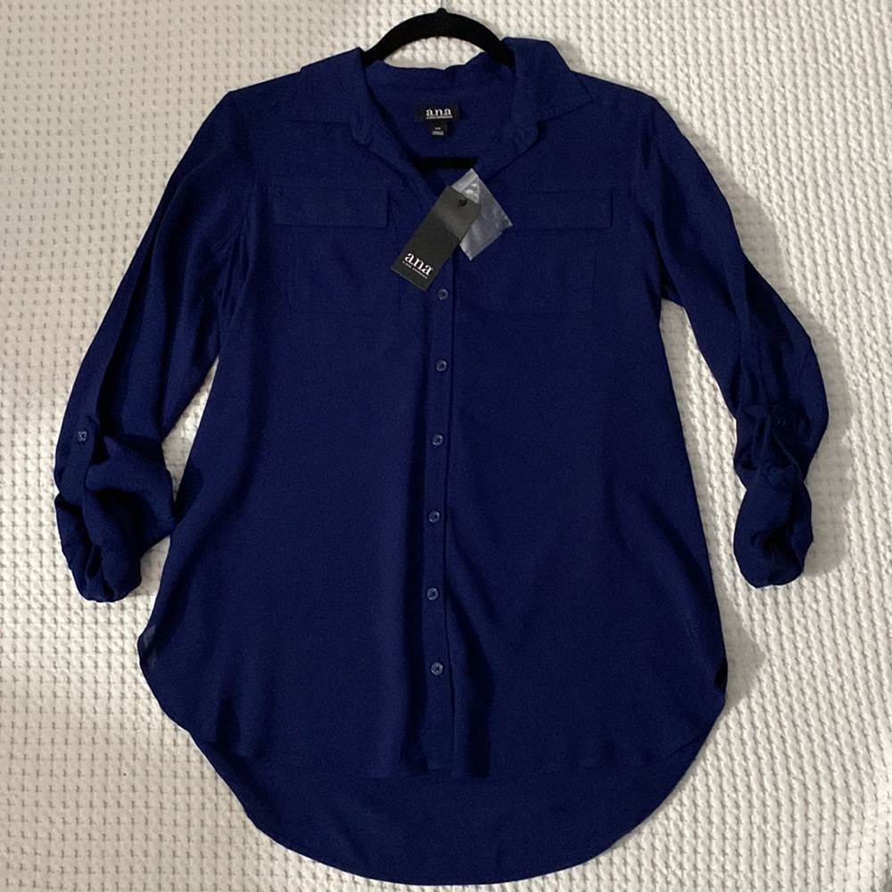 a.n.a 100% Rayon Gorgeous Color Blue, High-Low Adjustable Sleeves Blouse.